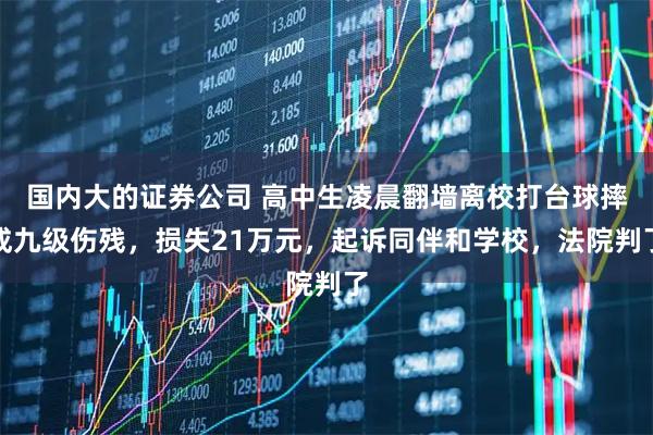 国内大的证券公司 高中生凌晨翻墙离校打台球摔成九级伤残，损失21万元，起诉同伴和学校，法院判了